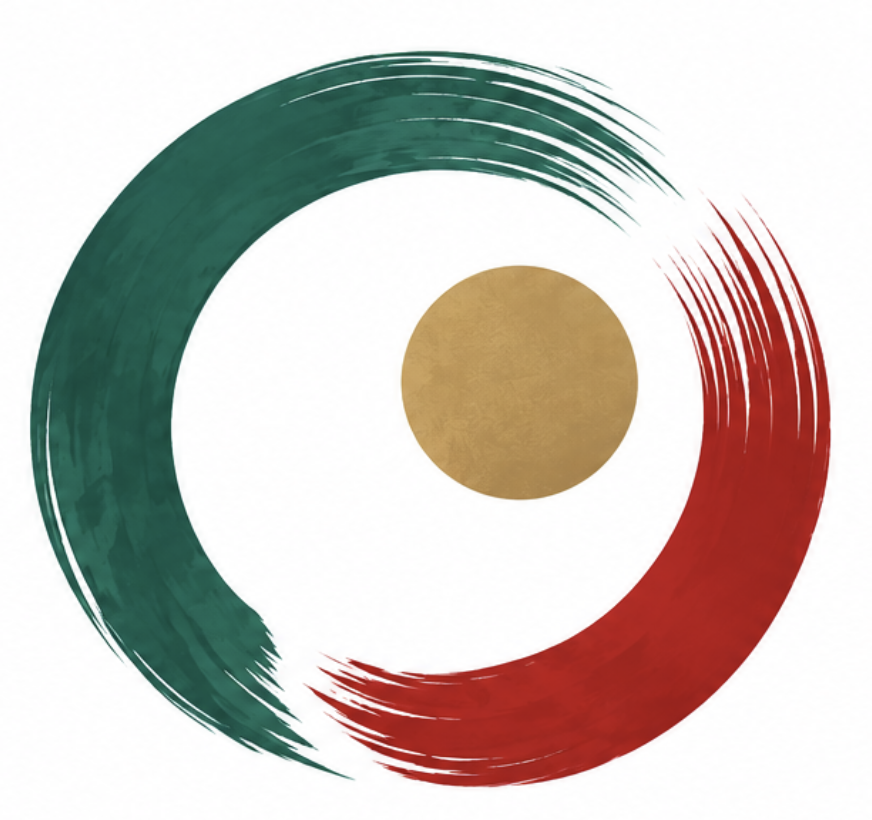 The Asian Renaissance mark — a brush circle in jade and vermilion around a gold centre